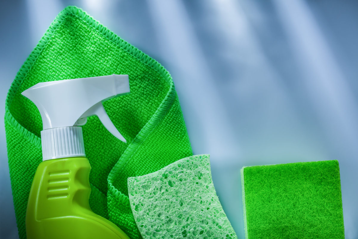 Green cleaning cloth sprayer sponge on white background